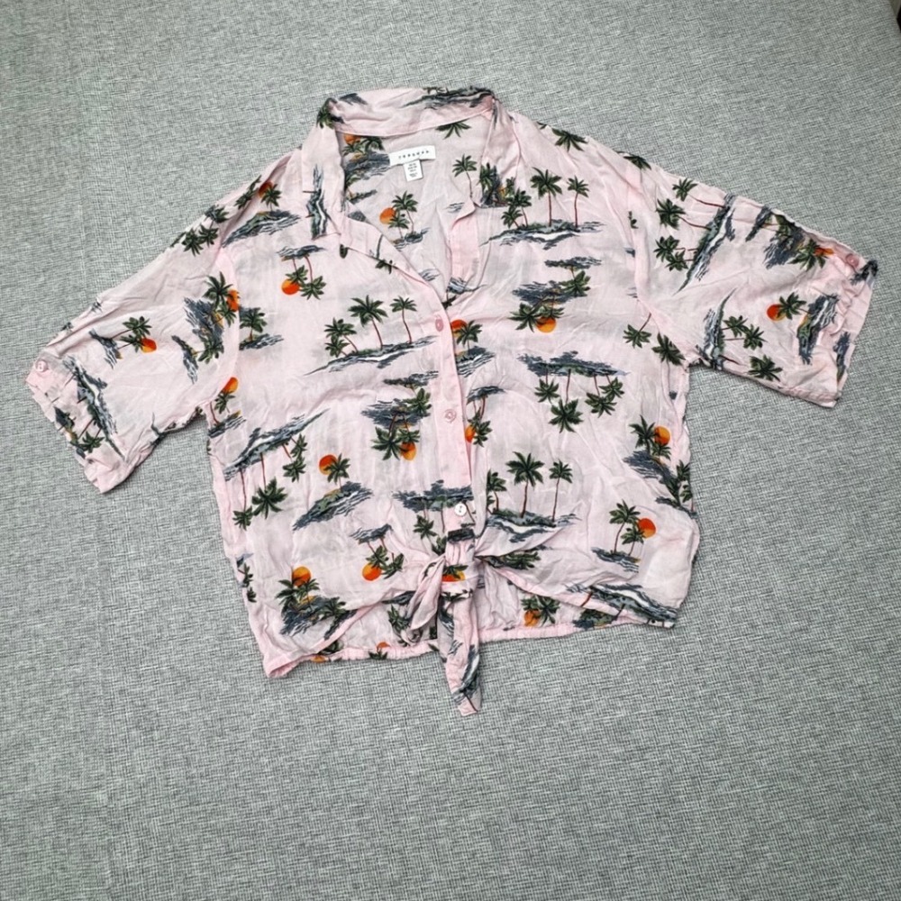Topshop Womens Pink Tropical Palm Tree Print Front Tie Cropped Button Down Shirt